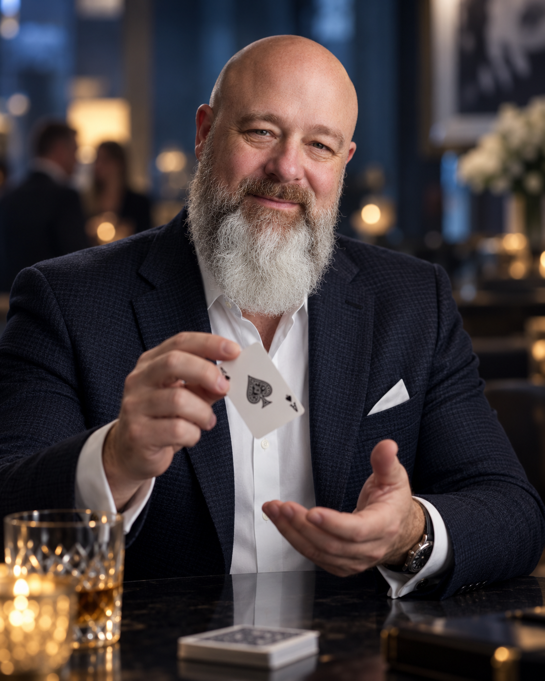 Reed McClintock holding the ace of spades at an intimate table setting